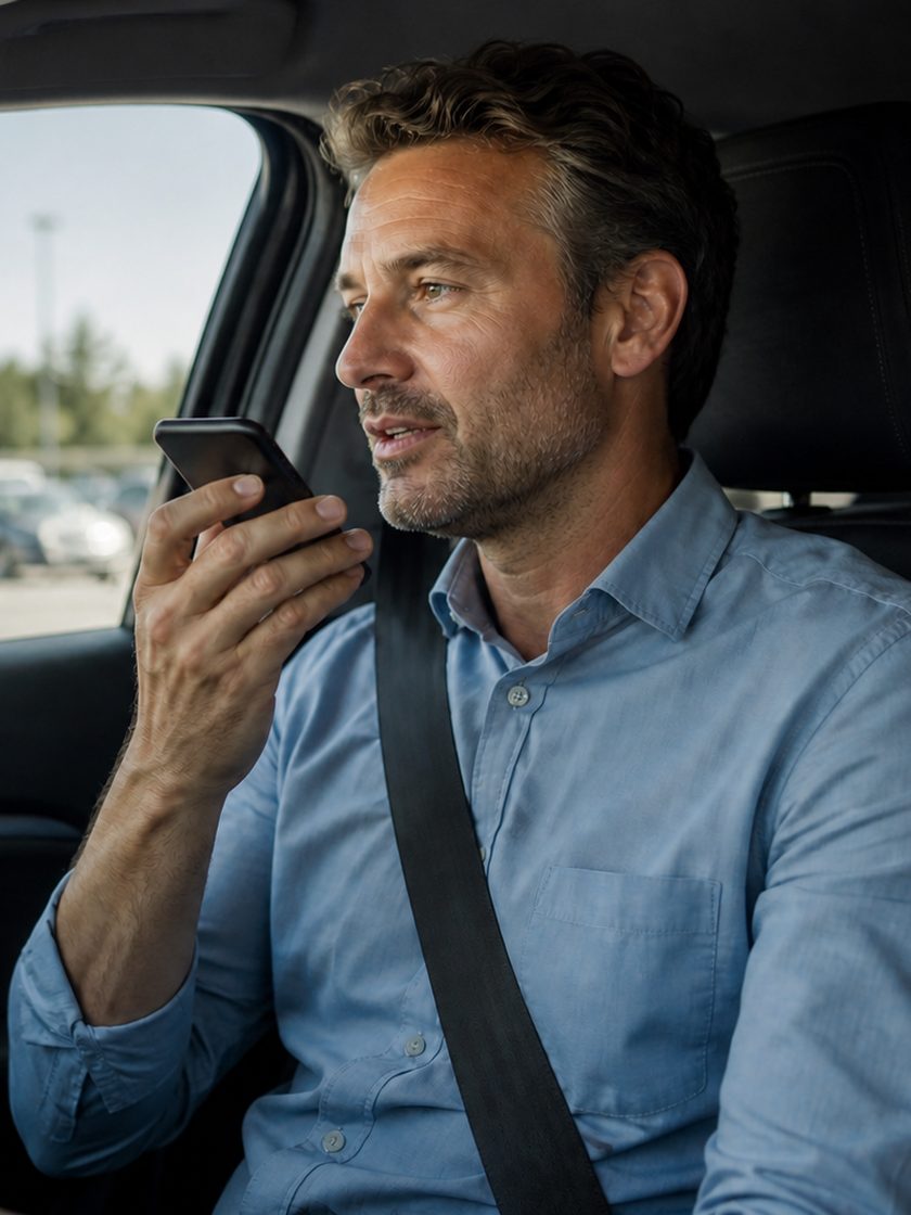 Muž v autě diktuje záznam do telefonu